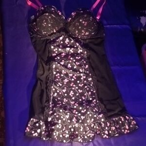 Source Unknown Black Chemise with Pink Floral Accents